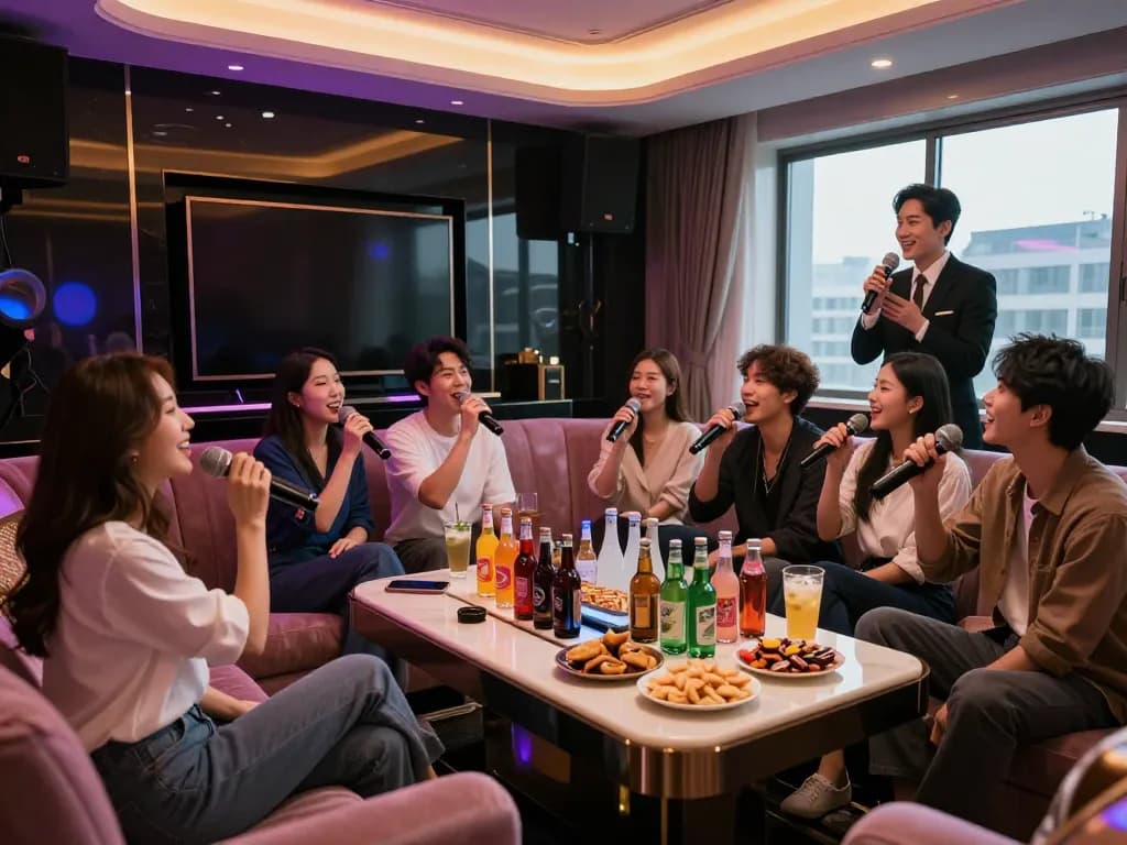 사치스러운 노래방에서 친구들과 함께 활기찬 분위기를 즐기기