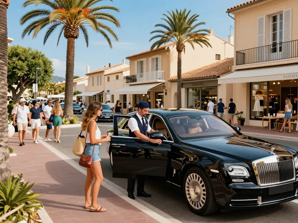Taxi Saint Tropez avec une berline de luxe accueillant des clients dans une scène de rue vibrante.