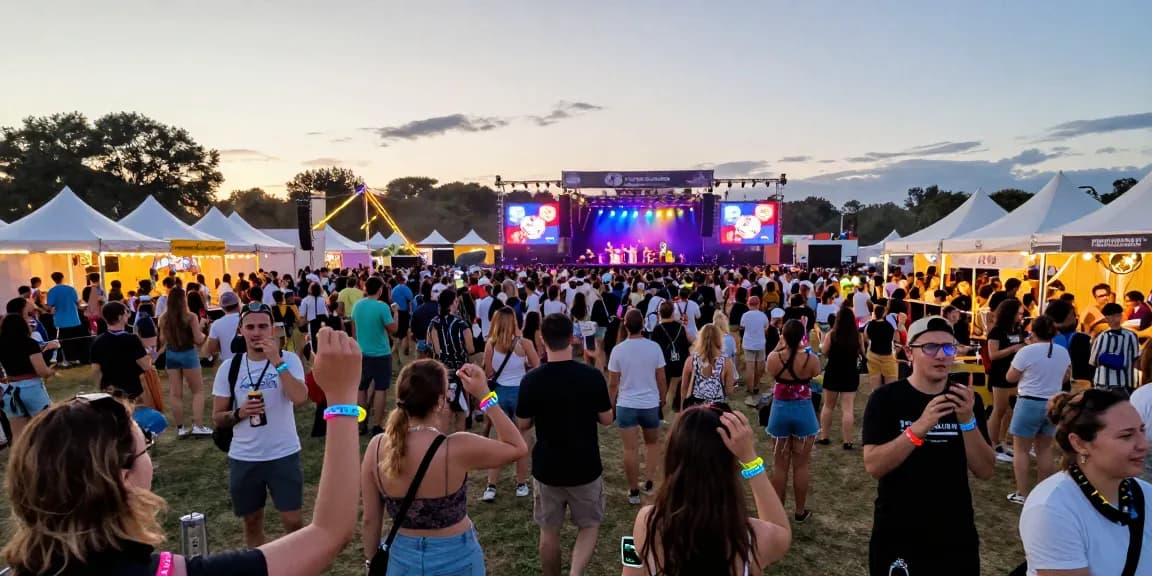 Attendees at a music festival wearing pulseras con chip para festivales, enjoying seamless access and payments.