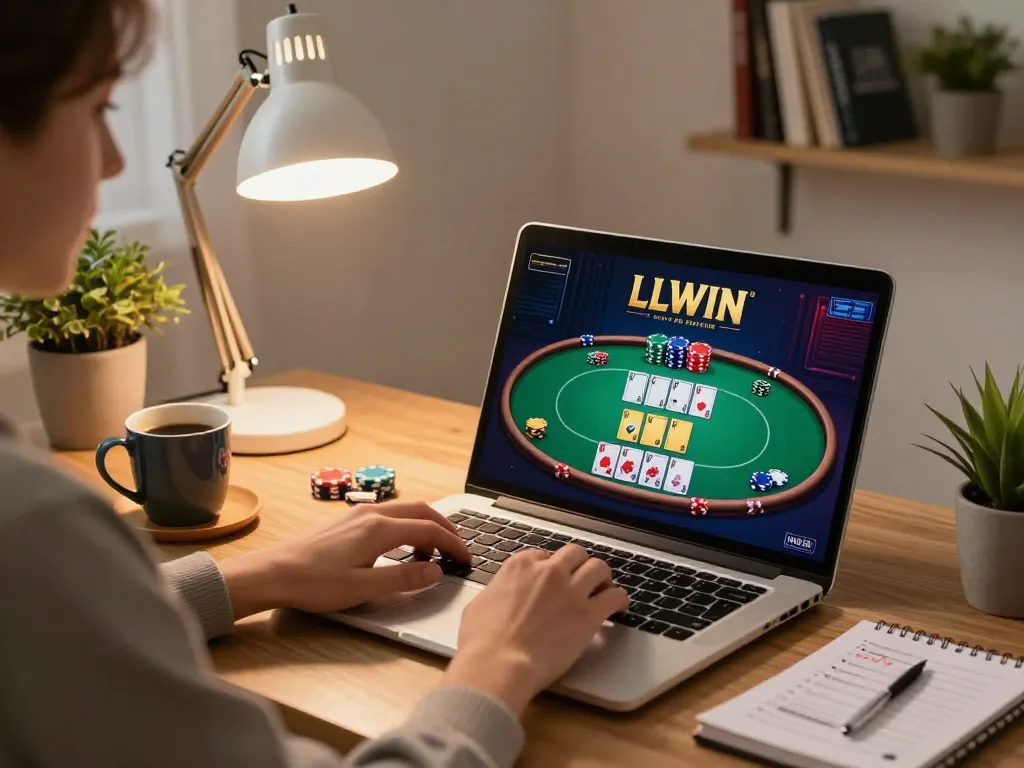 Engaging online gaming experience with LLWIN poker game on laptop, cozy home setup.