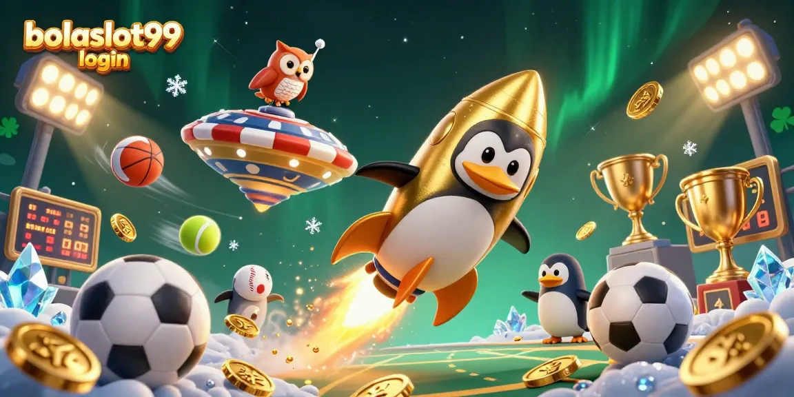 Experience the excitement of bolaslot99 login with vibrant casino-themed 3D illustration featuring a golden penguin in space.