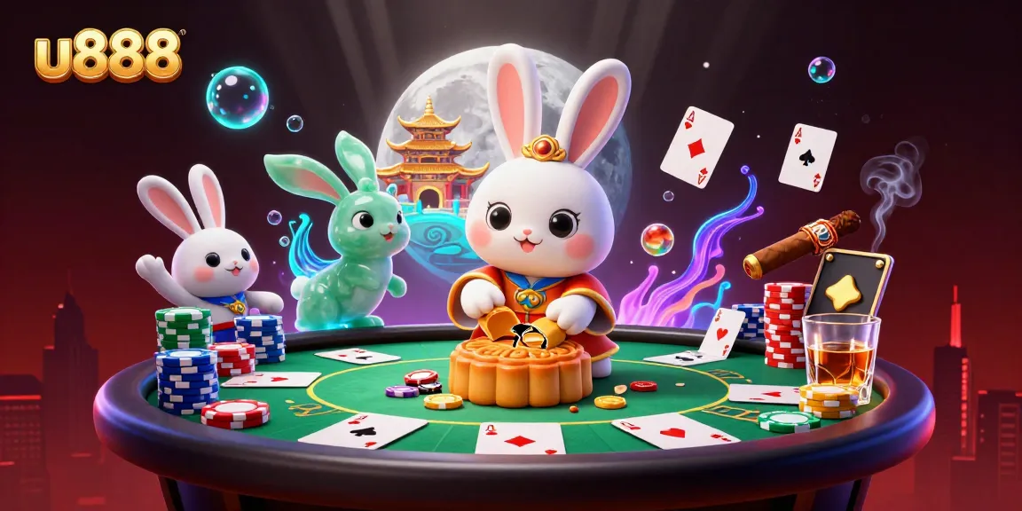 A moon rabbit from u888 reveals poker chips by pounding mooncakes, surrounded by lively casino elements.
