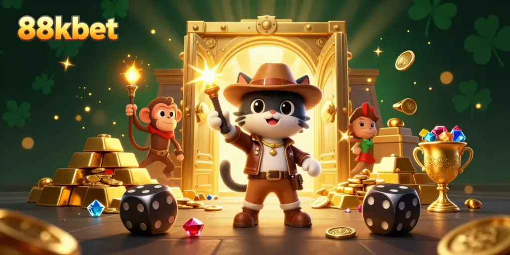 Experience the thrill at 88kbet with our explorer cat discovering golden treasures in a dynamic casino scene.