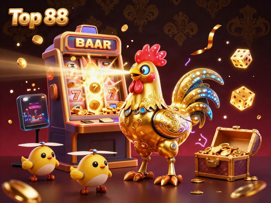 Top 88 showcases a vibrant casino scene with a golden rooster robot and baby chick drones amidst a jackpot explosion.