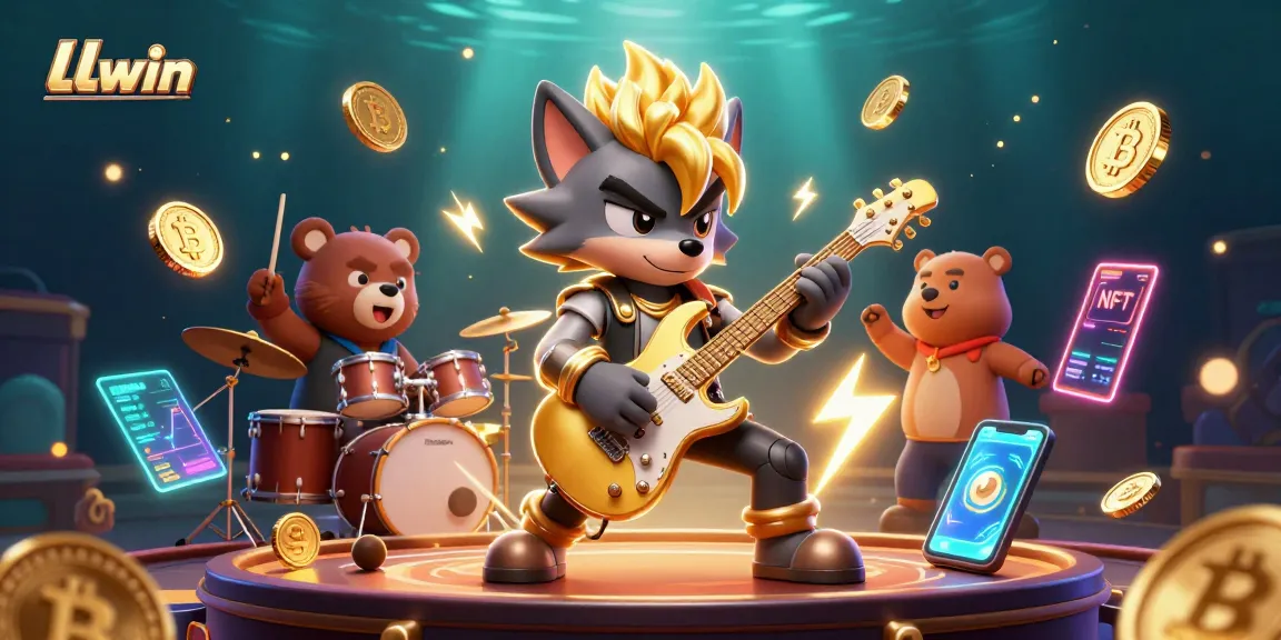 LLwin offers thrilling gameplay with a rock star wolf and drummer bear in a vibrant, action-packed casino scene.