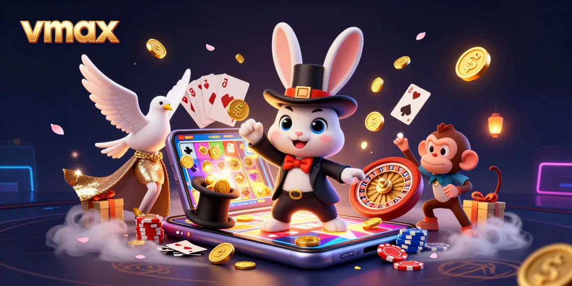 Experience thrilling wins with vmax: a 3D cartoon magician pulling coins, vibrant casino elements.