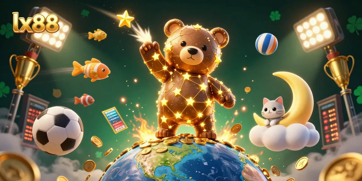 Experience excitement with lx88 as a constellation bear scoops coins, surrounded by vibrant sports elements.
