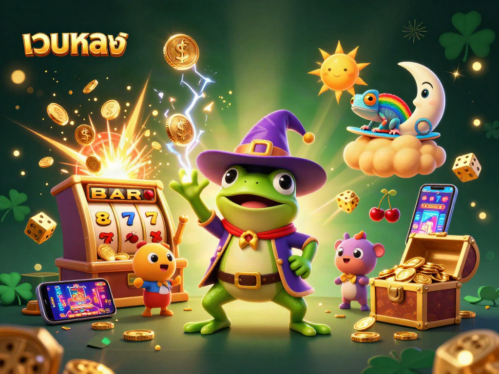Experience the magic of เว็บตรง as the weather wizard frog conjures gold coins amidst vibrant casino elements.