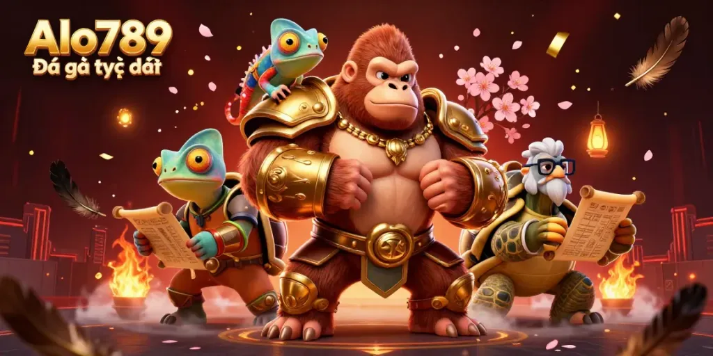 Alo789 Đá gà trực tiếp shows a gorilla king and companions in a dynamic cockfighting arena illustration.