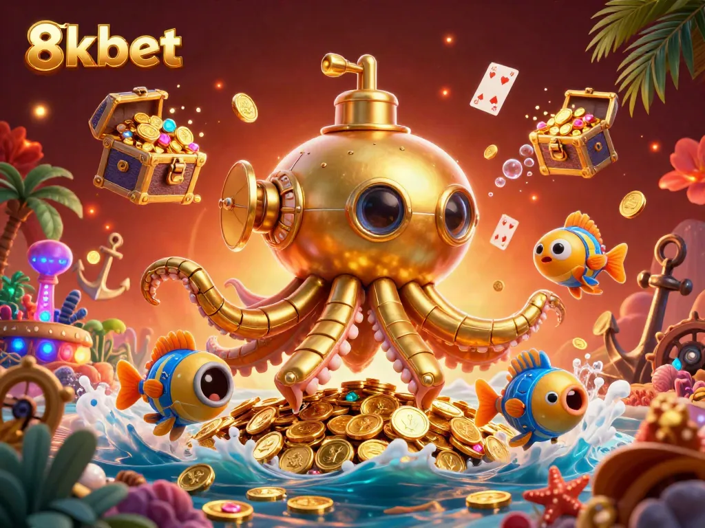 Experience thrilling games and wins at 8xbet with this vibrant underwater casino scene bursting with gold coins.