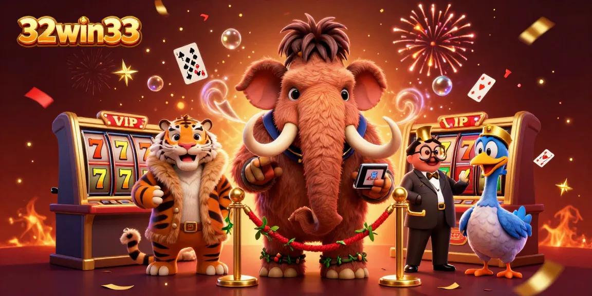32win33 features a woolly mammoth bouncer checking IDs at a vibrant casino entrance scene, showcasing dynamic slot game elements.