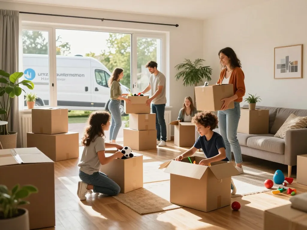 Fröhliche Familie, die mit Hilfe eines professionellen Umzugsunternehmens Hannover in ein neues Zuhause zieht, und eine stressfreie Auspack-Erfahrung zeigt.
