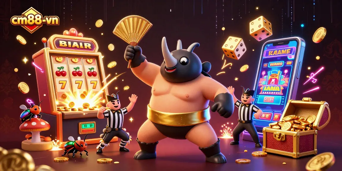 Experience gaming excitement with cm88-vn as a rhinoceros beetle sumo champion conquers, surrounded by vibrant casino elements.