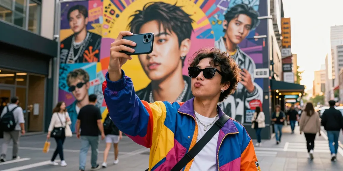 Person taking a selfie against a celebrity mural, discovering who looks like a celebrity.