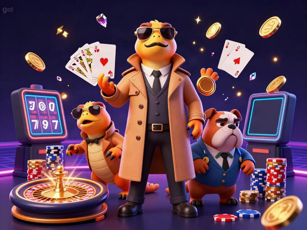 Engage with go8 in this vibrant casino scene featuring raptors and a bulldog bouncer.