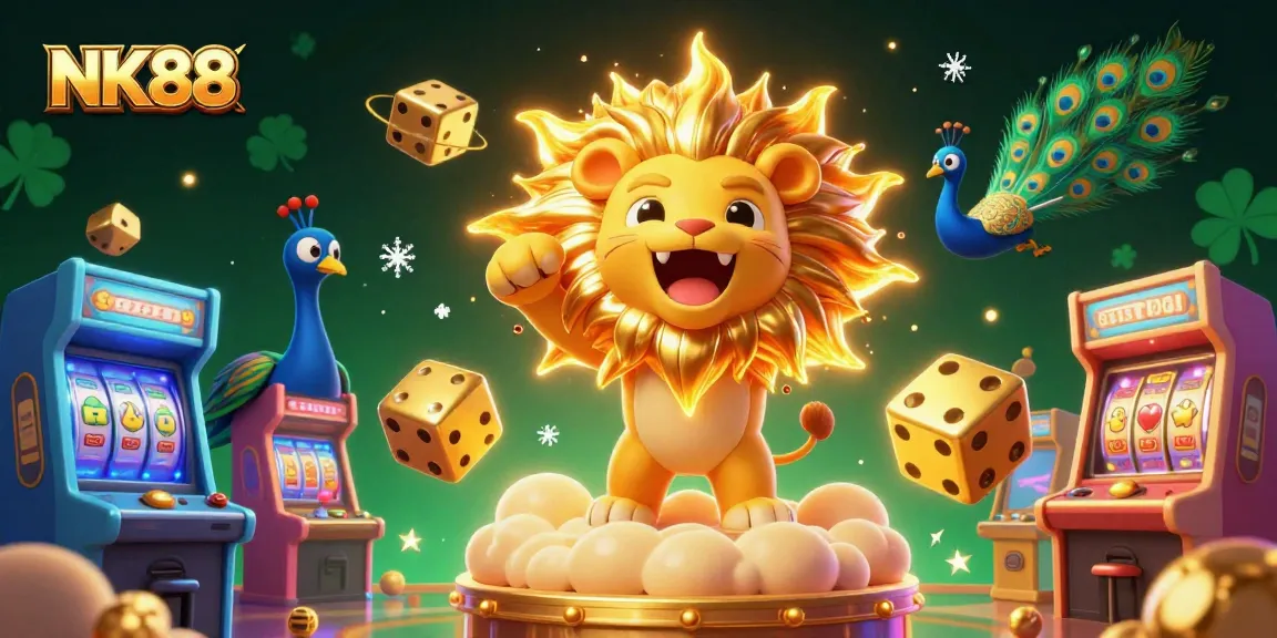 Engage with NK88's thrilling jackpot environment featuring a roaring sun lion amidst vibrant gaming elements.