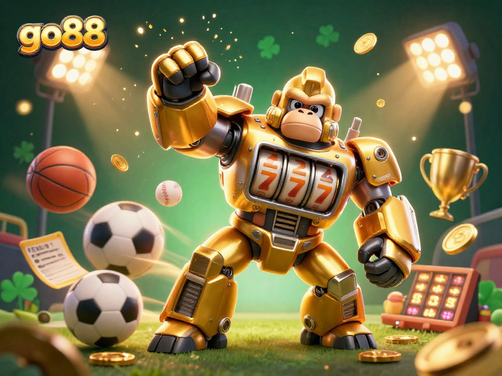 Experience thrilling betting action with go88 in this vibrant 3D illustration featuring a golden gorilla mech amidst dynamic sports elements.