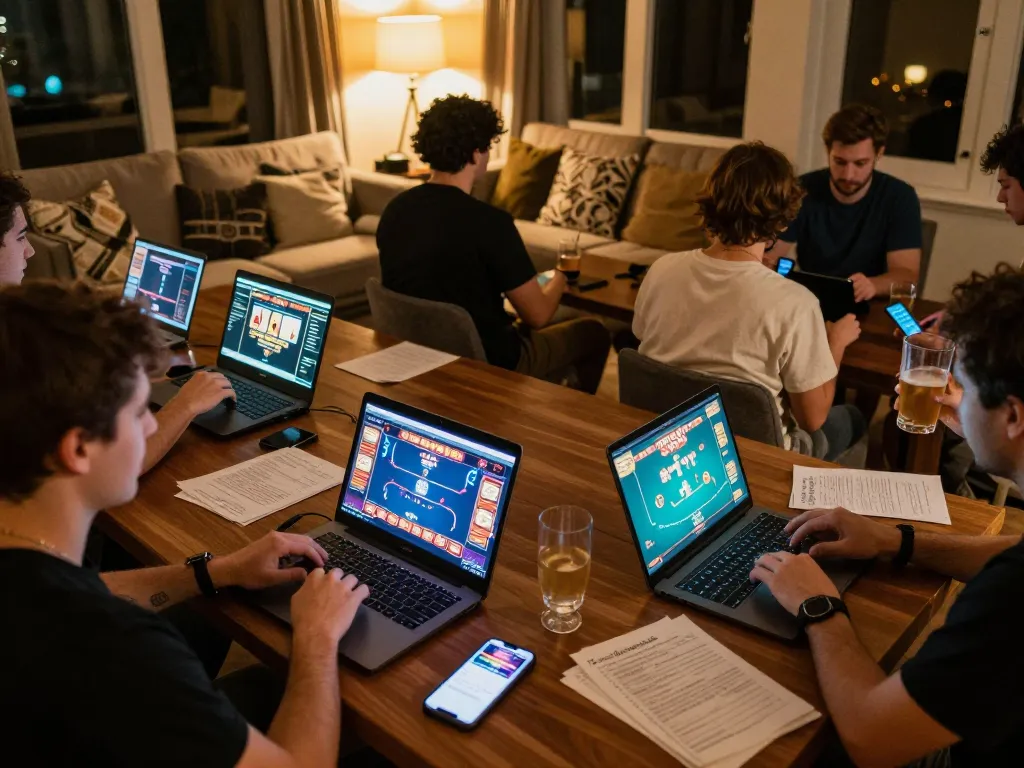 Engaging in online gaming strategy with 8day's casino app at home, players excitedly exploring various games.