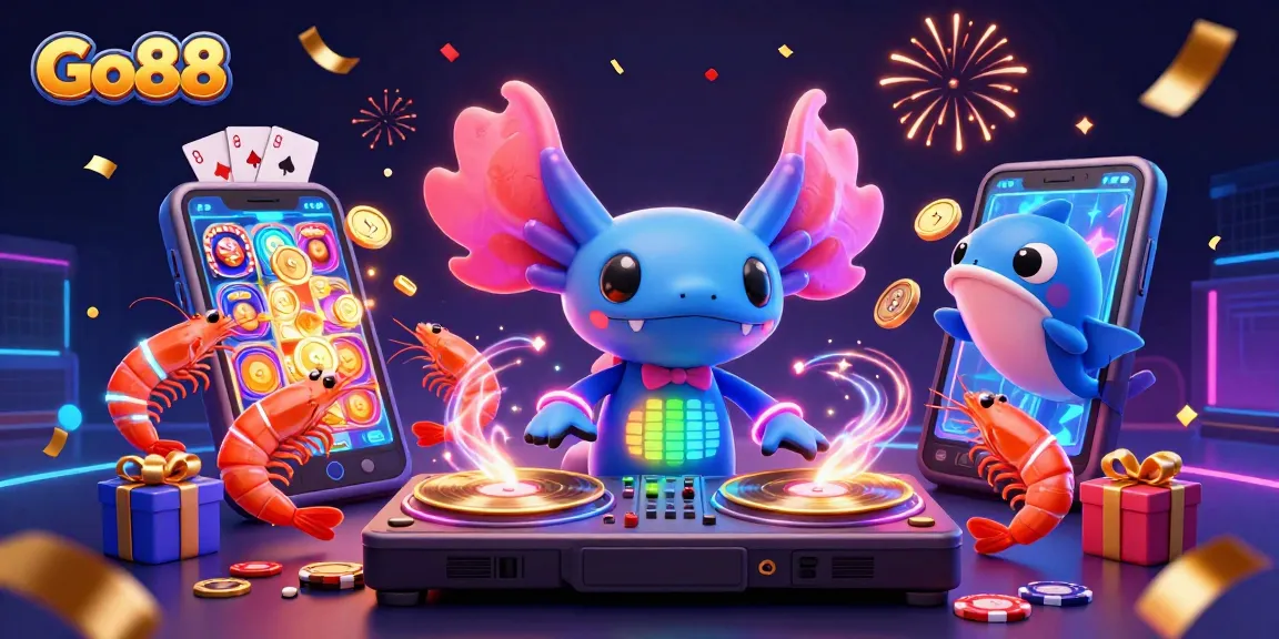 Engage with Go88 through vibrant, dynamic games featuring a neon DJ and animated casino elements.