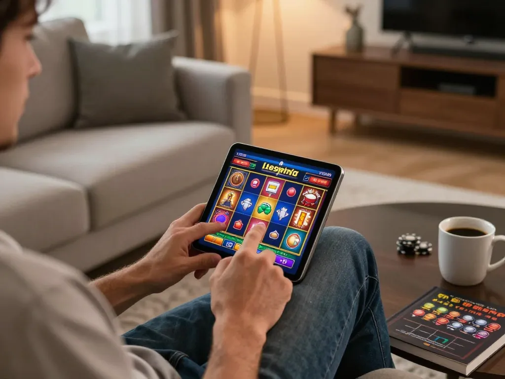 Player enjoying sun win online slots on mobile, showcasing a cozy home gaming atmosphere.