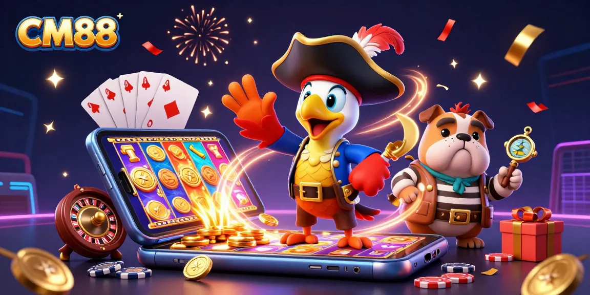 Experience exhilarating gaming with CM88 as pirate characters engage in slot games and celebratory elements.