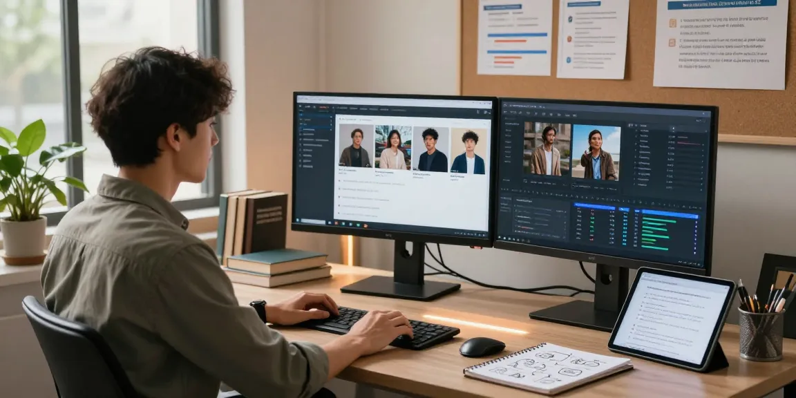 AI image detector analysis in a modern workspace with dual monitors and performance metrics.
