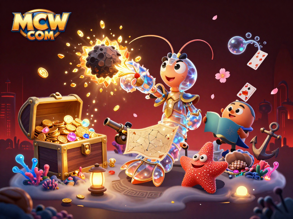 Join the excitement at MCW COM as a cosmic mantis shrimp bursts through an asteroid of golden treasures!