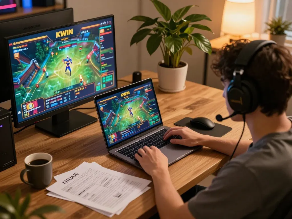 KWIN user playing casino games on a laptop, showcasing a dynamic home gaming environment.