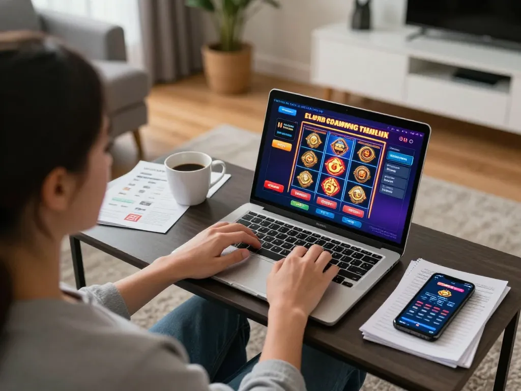 Joueur engagé à domicile explorant le casino en ligne qui paye le plus sur un ordinateur portable, mettant en avant des machines à sous en ligne dynamiques.