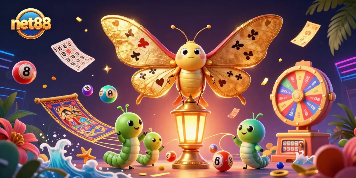 Engage with net88's vibrant lottery scene featuring a stunning atlas moth and lively game elements.