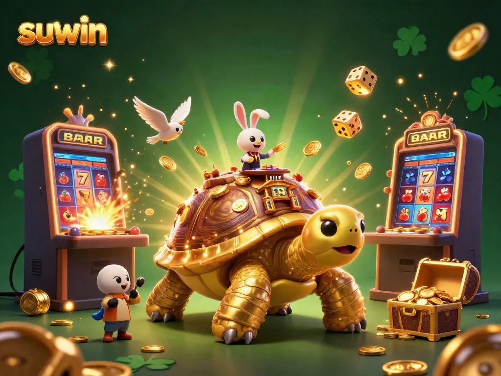 Witness suwin's vibrant 3D casino scene, featuring a golden tortoise and exciting game elements.