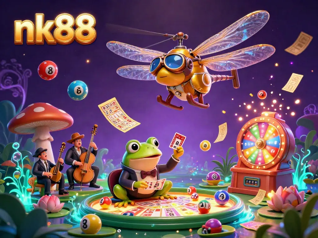 Engage with nk88 at a lively lily pad casino where a frog croupier deals cards amidst colorful lottery balls.