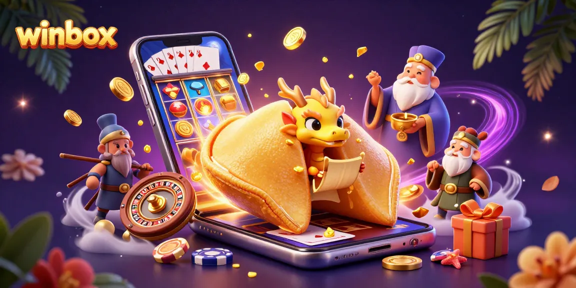 Winbox players revel in an exciting 3D casino scene with a golden fortune cookie character and gaming elements.