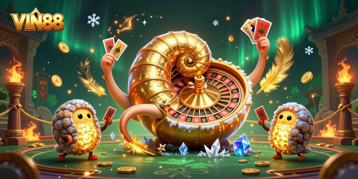 Experience captivating gameplay at VIN88 with an ancient nautilus roulette and glowing companions in a dynamic casino scene.