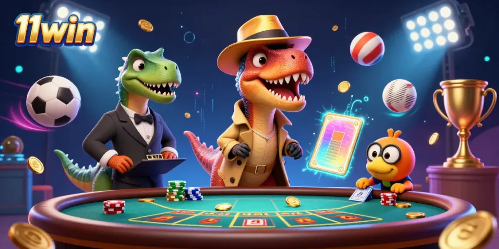 Experience thrilling gameplay at 11win with a stealthy velociraptor card counter amid a vibrant casino scene.