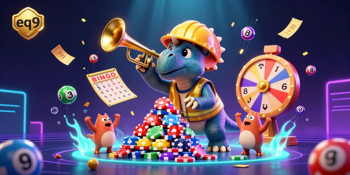 Engage at EQ9 with vibrant casino excitement, featuring animated lottery balls and a cheerful triceratops.