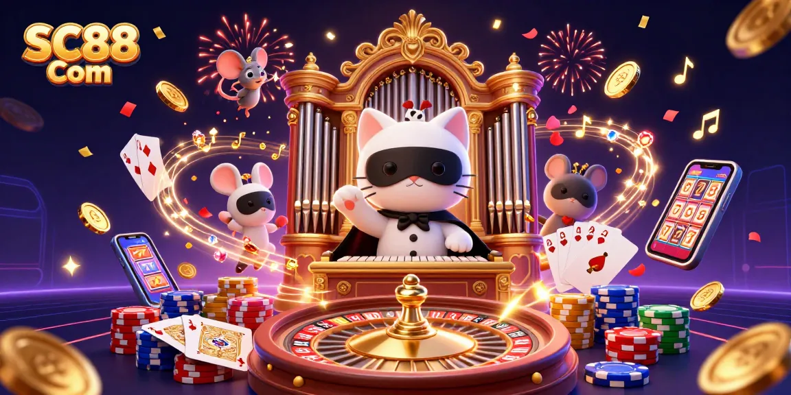Engage with SC88 Com in an action-packed casino scene featuring a captivating animated cat and mouse.