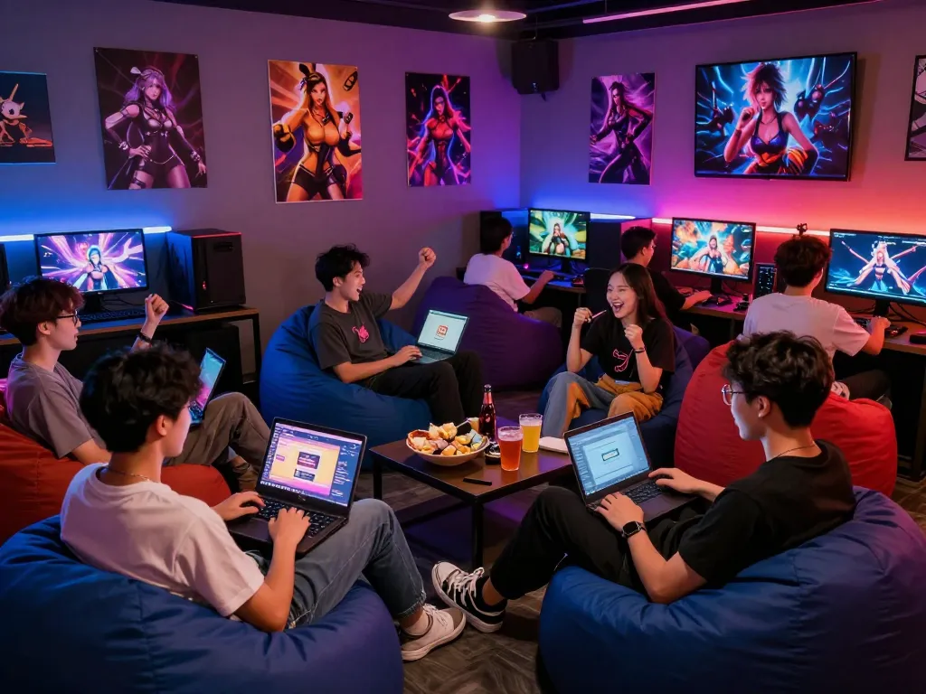 Group of friends enjoying HTML sex games in a lively gaming lounge.