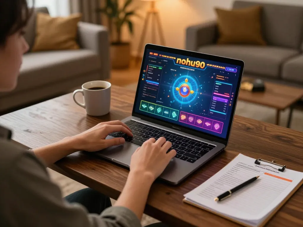 Engaging with nohu90 platform in a cozy home gaming setup, showcasing strategy and comfort.