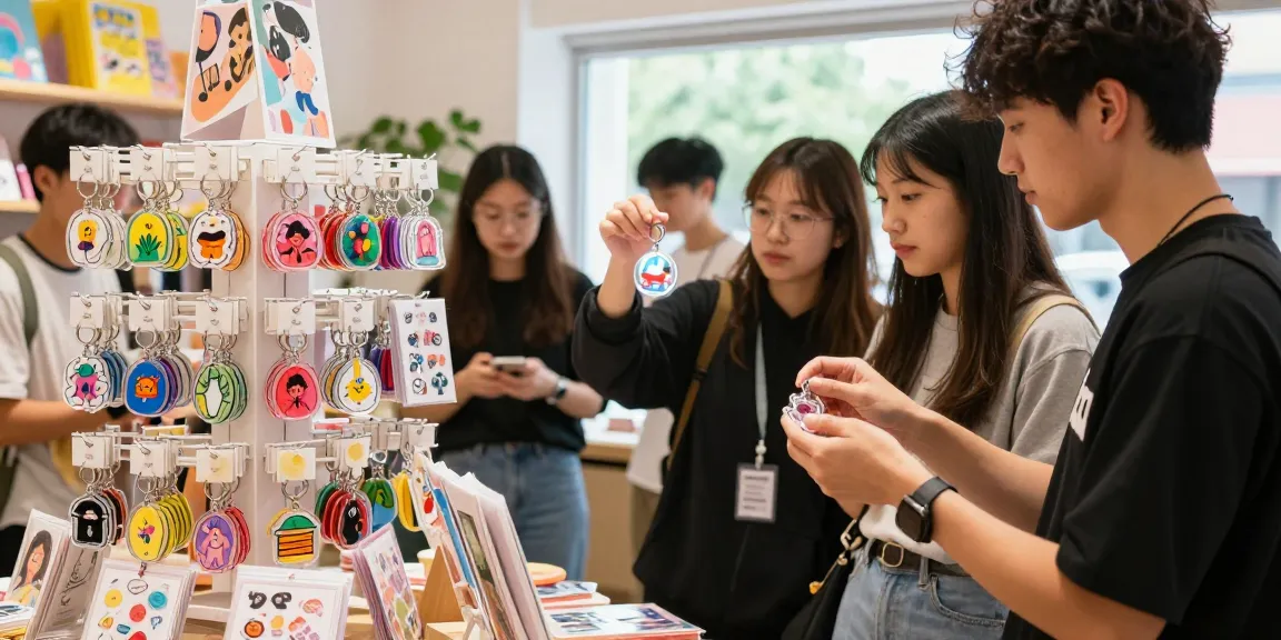 Custom acrylic keychain display attracting shoppers in vibrant store setting