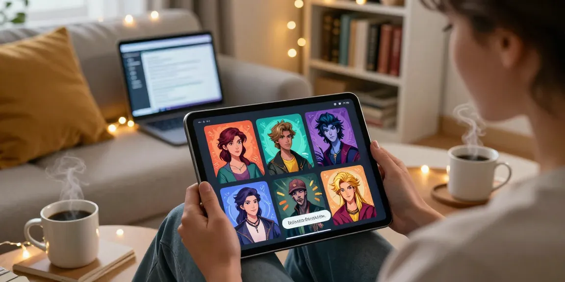 Immersive scene featuring a user engaging with nsfw character ai on a tablet, showcasing customization and personality interaction.