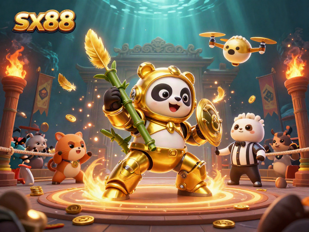 Sx88 showcases a vibrant 3D casino battle scene with animated characters and golden effects, engaging bettors.