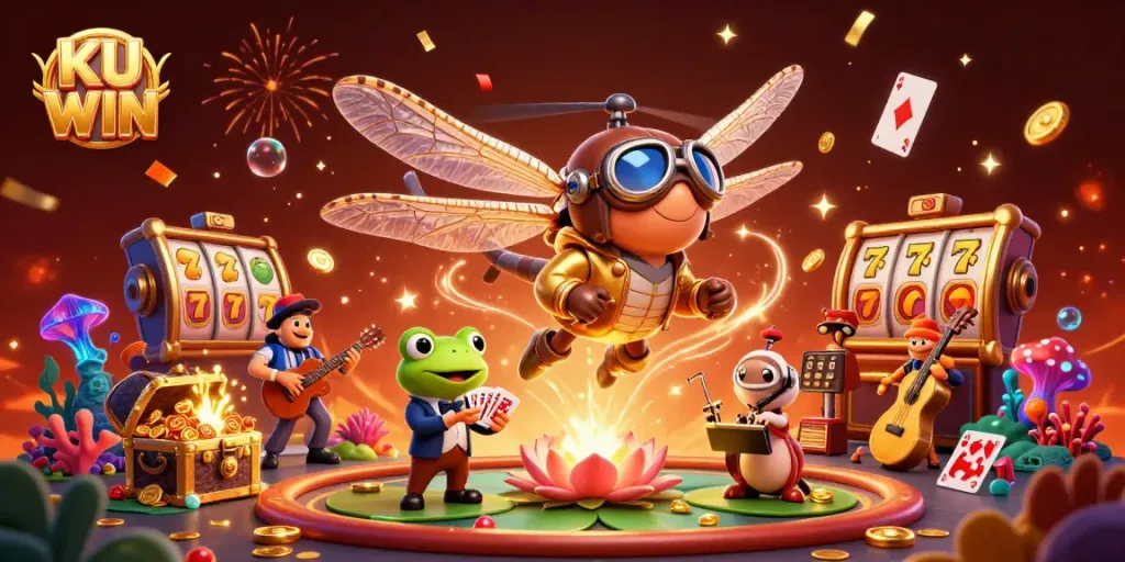 Experience the thrill of KU WIN with dynamic characters at a lily pad casino, featuring excitement and casino elements.