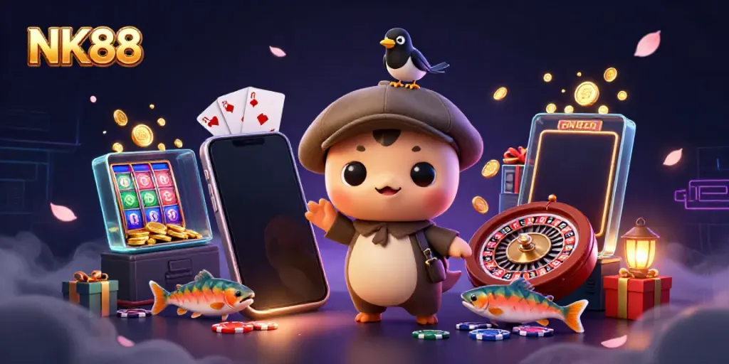 Play and win with NK88 in an exciting online casino scene featuring vibrant characters and games.