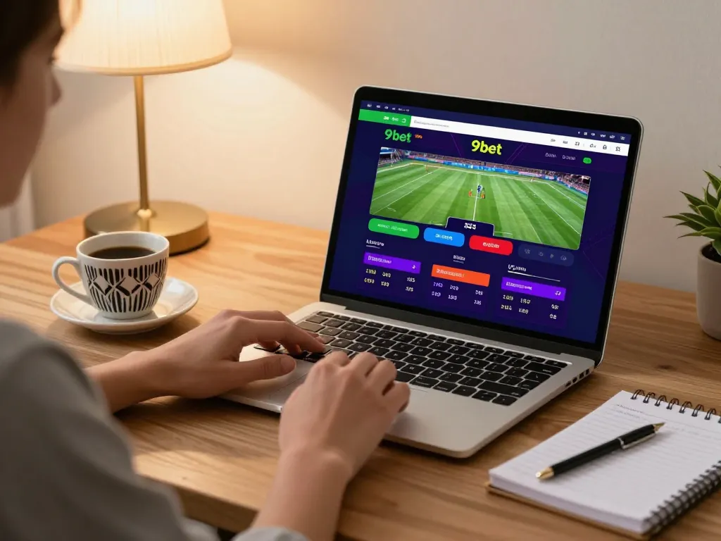 Player engaging with 9bet platform on a laptop, showcasing vibrant live betting interface.