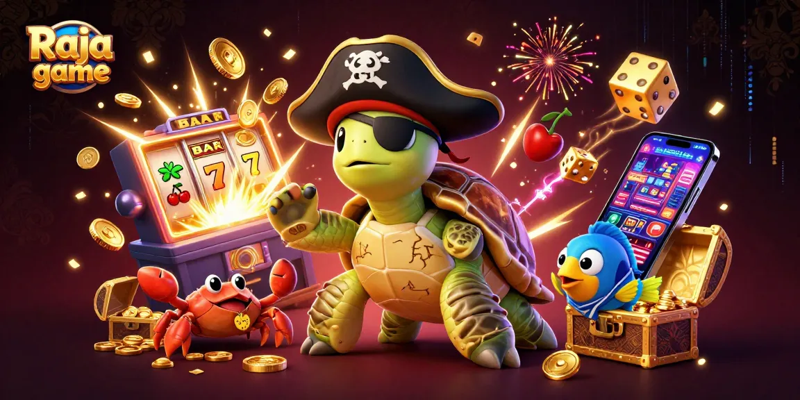 Engage in the exciting Raja game with colorful characters and casino elements floating around.