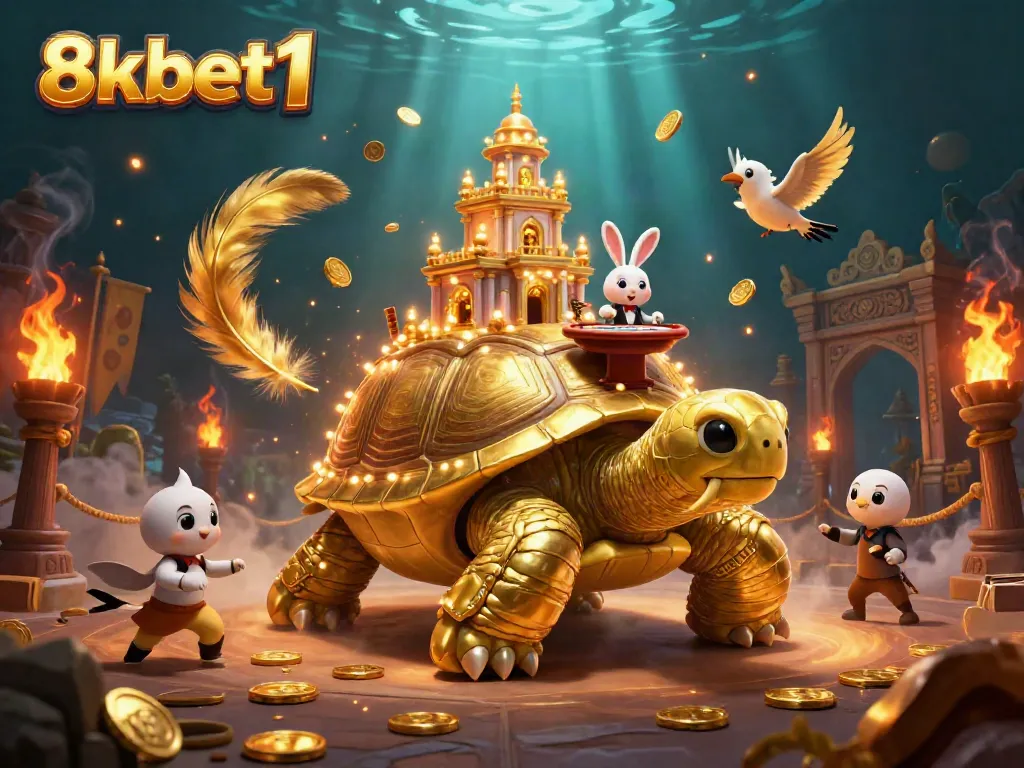 Experience thrilling games at 8xbet1 with a golden tortoise casino illustration and vibrant elements.