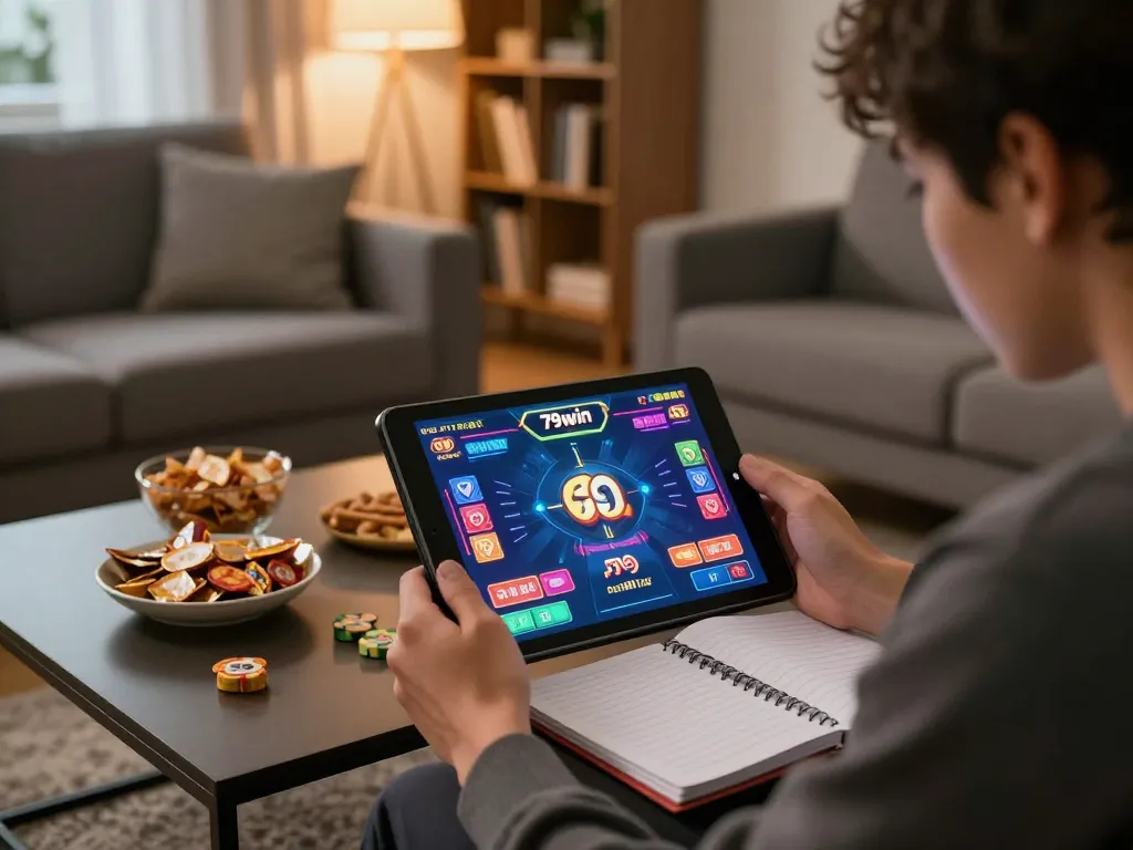 Engaging tablet gameplay on 79win in a cozy home setting, tracking bets with snacks.
