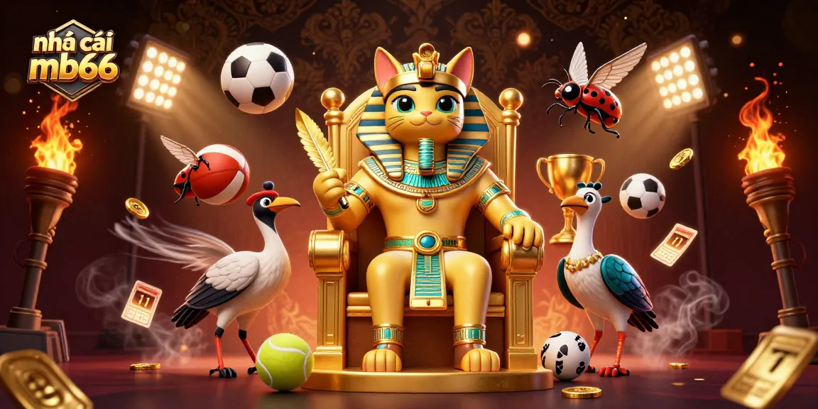 Join the excitement at nhà cái mb66, featuring an Egyptian pharaoh cat amidst dynamic sports betting elements.
