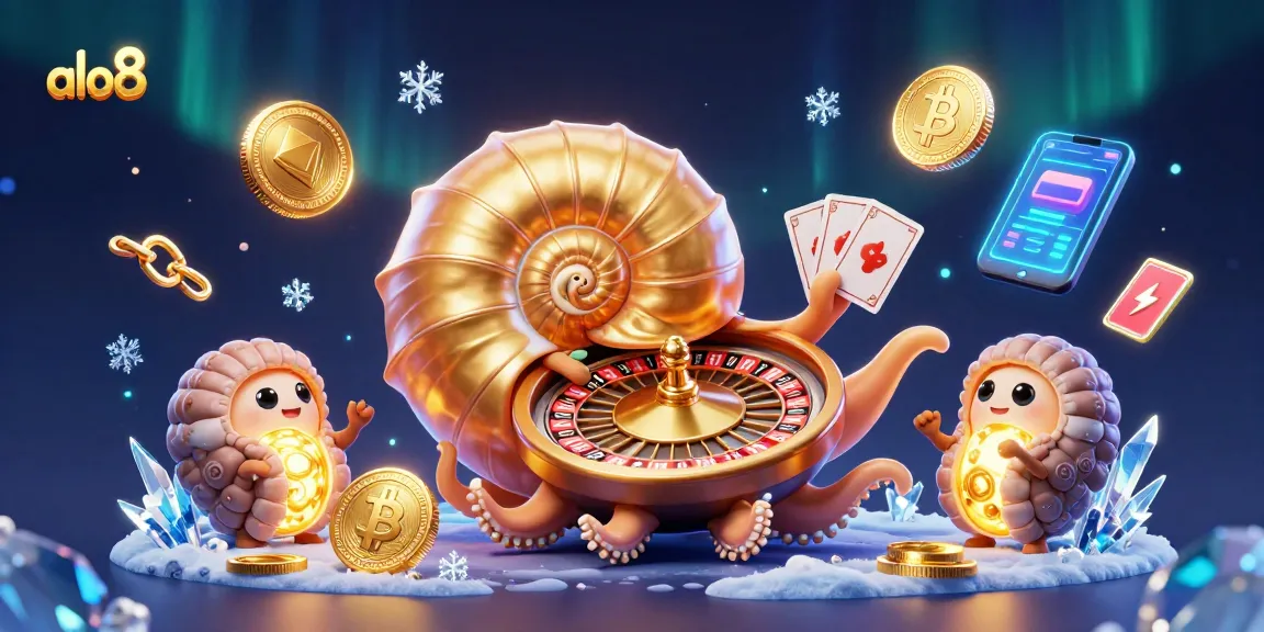 Experience the thrilling excitement of alo8 casino with a dazzling 3D illustration showcasing vibrant games and crypto elements.